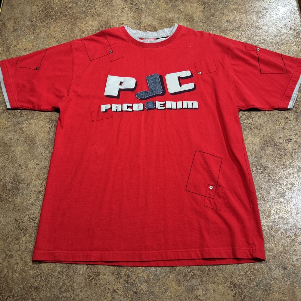 Vintage Y2k Paco Jeans Co Denim Short Sleeve T Shirt Size Large Red Embroidered